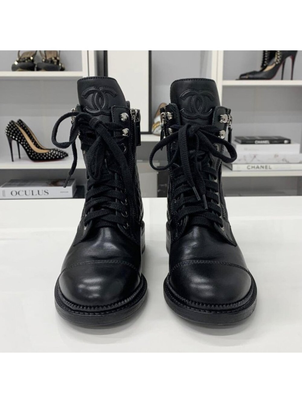 Chanel Quilted Coco Mark Leather Lace Up Short Boots - Picture 4 of 10